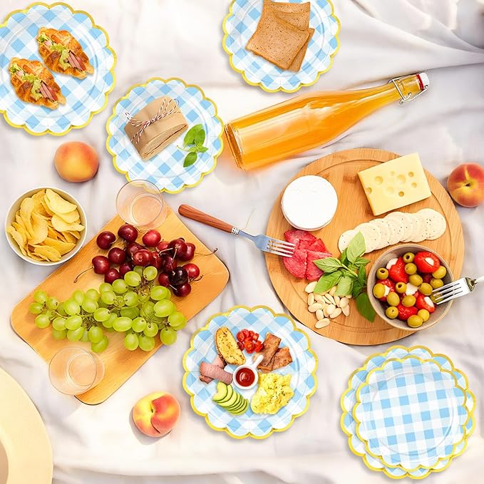 50 Pcs Blue and White Checkered Paper Plates, 25 Pcs 9" and 25 Pcs 7" Disposable Blue Gingham Scalloped Plates with Gold Foil for Graduation Wedding Baby Shower Birthday Party Picnic BBQ