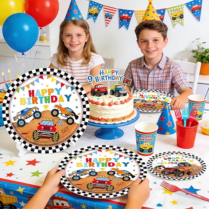 96 Pieces Monster Truck Plates and Napkins Birthday Party Supplies, Black and White Checked Monster Car Disposable Tableware with Paper Plates Napkins and Forks for Birthday Party Decor - Serves 24