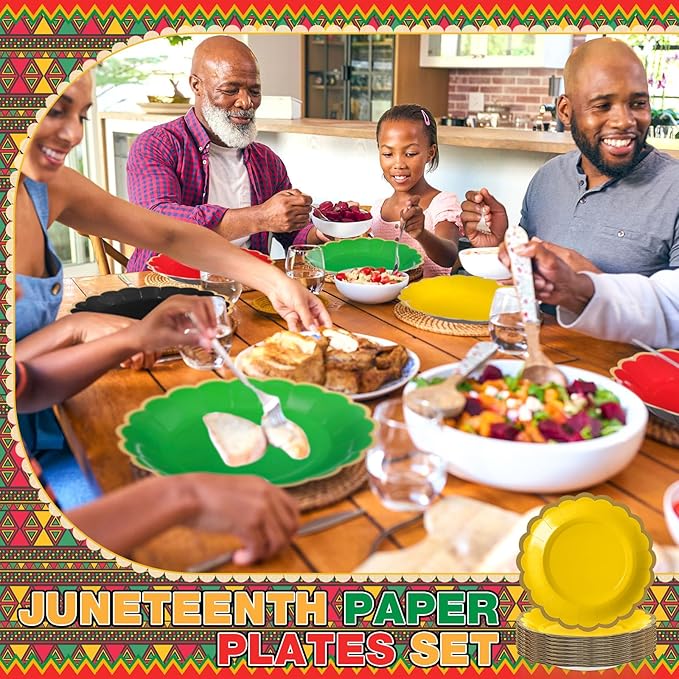 48 Pcs Red Green Yellow Black Paper Plates 7 Inch Scalloped Juneteenth African American Festival Disposable Dessert Plates for Black History Month Bridal Wedding Birthday Party Supplies