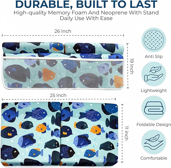 TubbieBuddies Bath Kneeler and Elbow Rest Pad Set โ Fish-Themed Baby Bath Cushion with 4 Large Mesh Storage Pockets โ Thick Non-Slip Foam, Suction Cups, & Foldable for Easy Storage