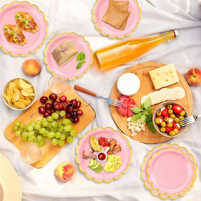 50 Pcs Light Pink Paper Plates, 25 Pcs 9" and 25 Pcs 7" Disposable Pink Scalloped Plates with Gold Foil for Graduation Wedding Baby Shower Birthday Party Picnic BBQ Valentines Day