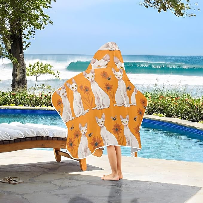 Kids Hooded Beach Towel Energetic Sphynx Cats Orange Hooded Beach Towel for Girl Boy Quick Dry Bath Towel with Hood