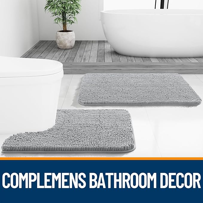 OLANLY Bathroom Rugs 32x20, Extra Soft Absorbent Chenille Bath Rugs, Rubber Backing Quick Dry, Machine Washable Bath Mats for Bathroom Floor, Tub and Shower, Home Decor Accessories, Light Grey