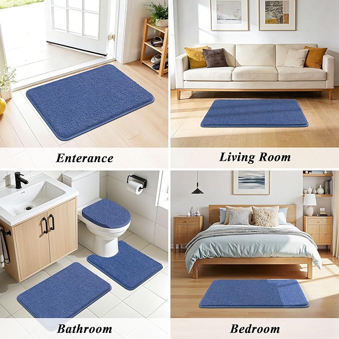 SHACOS 5 Pieces Bathroom Rugs Set with Toilet Lid Cover Ultra Soft Absorbent Microfiber Bath Mat U Shape Contour Rug for Bathroom, Non Slip Machine Washable Bath Runner Rugs for Bedroom, Kitchen, Blue