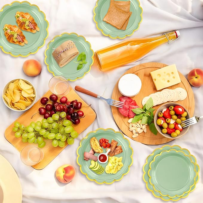 50 Pcs Sage Green Paper Plates, 25 Pcs 9" and 25 Pcs 7" Disposable Sage Green Scalloped Plates with Gold Foil for Graduation Wedding Baby Shower Birthday Party Picnic BBQ