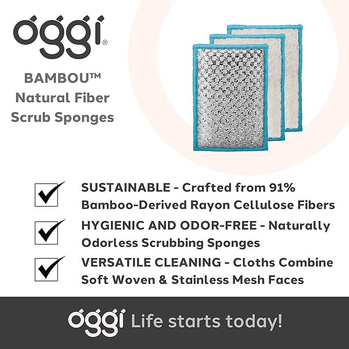 OGGI Bambou Odor-Free Scrubbing Sponges - Natural Scrub Sponges for Dishes, 91% Bamboo-Derived Rayon Cellulose Fiber, Reusable, Absorbent, Durable Scrubbers, Non-Scratch, Washable - 3 pcs, 7x4