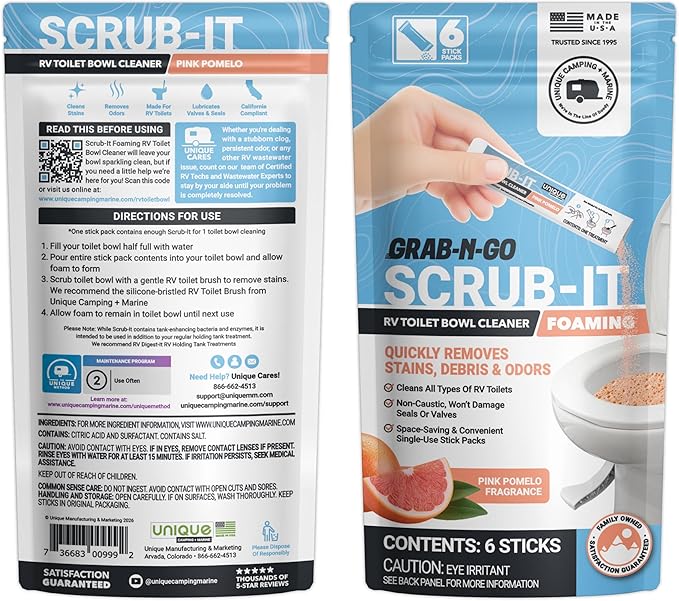 Unique Scrub-It Foaming RV Toilet Cleaner - Pink Pomelo Scent, 6 Count Stick Packs, Premeasured, No-Mess, Grab-N-Go Powder Removes Stains from RV Toilet Bowls, Helps Lubricate Valves and Seals