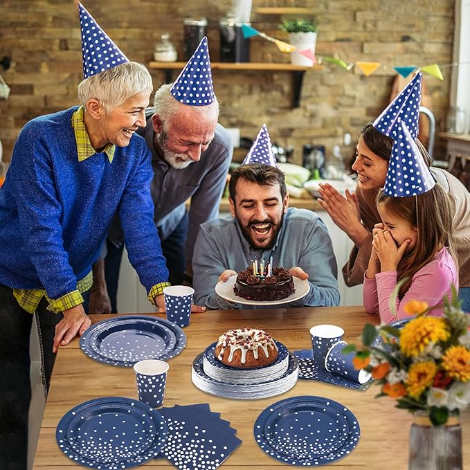 200pcs Blue and Silver Party Deorations Birthday Plates Disposable-Serve 50 Guests,Navy Blue Plates and Napkins Party Supplies for Wedding Anniversary Retirement Graduation Decorations