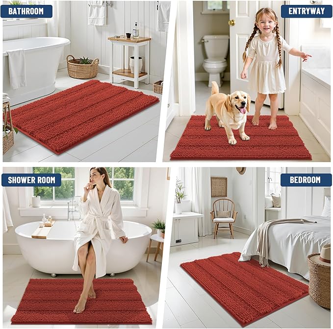 Grandaily Chenille Striped Bathroom Rugs 44x24, Extra Thick and Soft Absorbent Bath Mats, Rubber Backing, Plush Shaggy Shower Carpet, Machine Wash Dry, Bath Rug for Bathroom, Rustic Terracotta