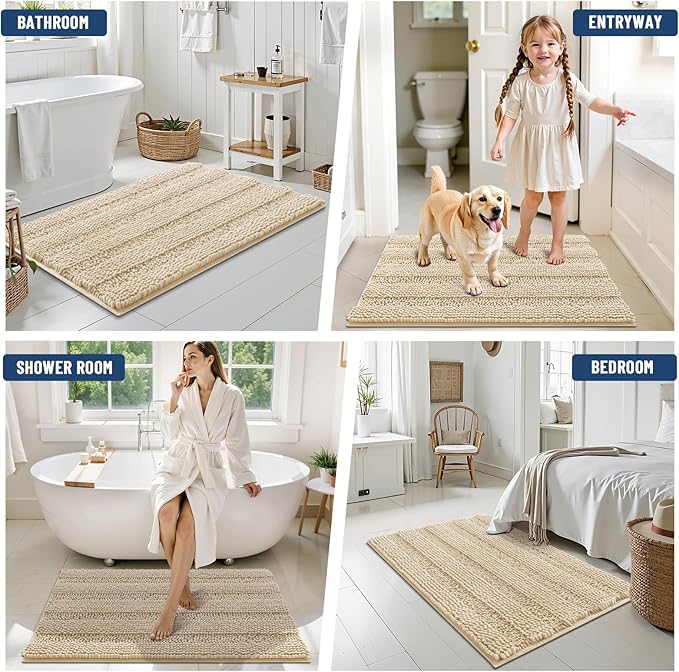 Grandaily Chenille Striped Bathroom Rugs 36x24, Extra Thick and Soft Absorbent Bath Mats, Rubber Backing, Plush Shaggy Shower Carpet, Machine Wash Dry, Bath Rug for Bathroom, Light Beige
