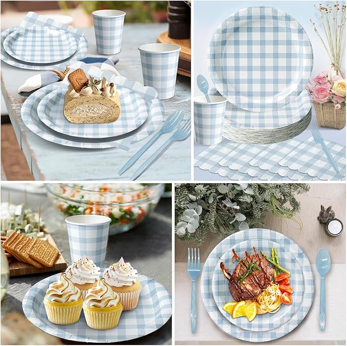 Vyntra 350 Pcs Blue Gingham Paper Plates and Napkins Set for 50, 9" Dinner Plates & 7" Dessert Plate, Baby Boy Shower Birthday Party