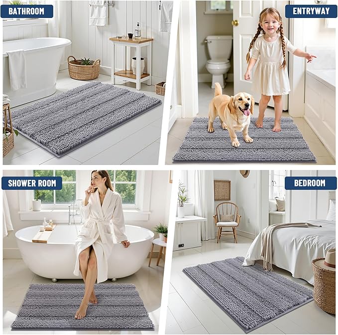 Grandaily Chenille Striped Bathroom Rugs 47x20, Extra Thick and Soft Absorbent Bath Mats, Rubber Backing, Plush Shaggy Shower Carpet, Machine Wash Dry, Bath Rug for Bathroom, Grey