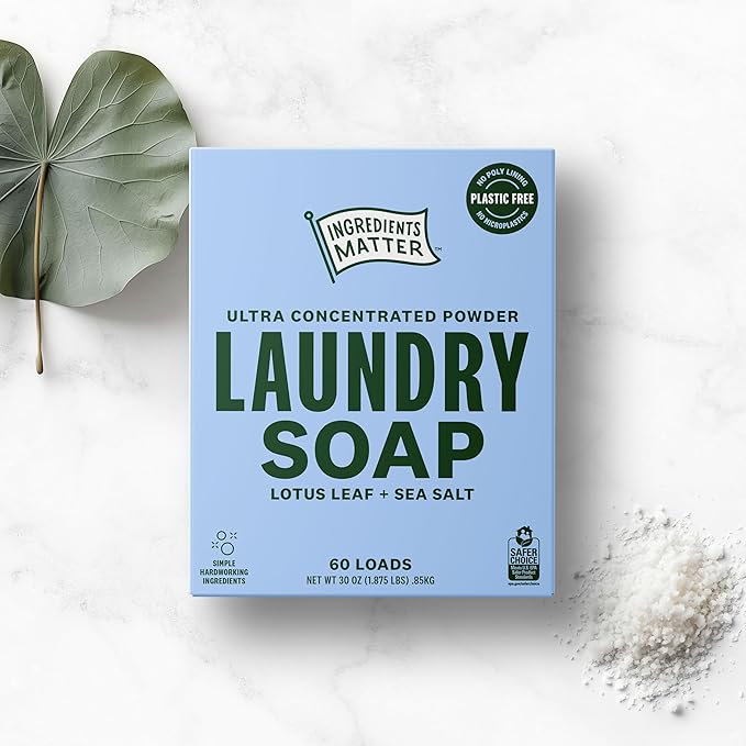 Ingredients Matter Powder Laundry Soap - Lotus Leaf + Sea Salt Scent, Hypoallergenic Detergent, Natural & Eco-Friendly, Plastic Free, Natural Essential Oils & Dermatologist Tested - 30 oz, 60 Loads
