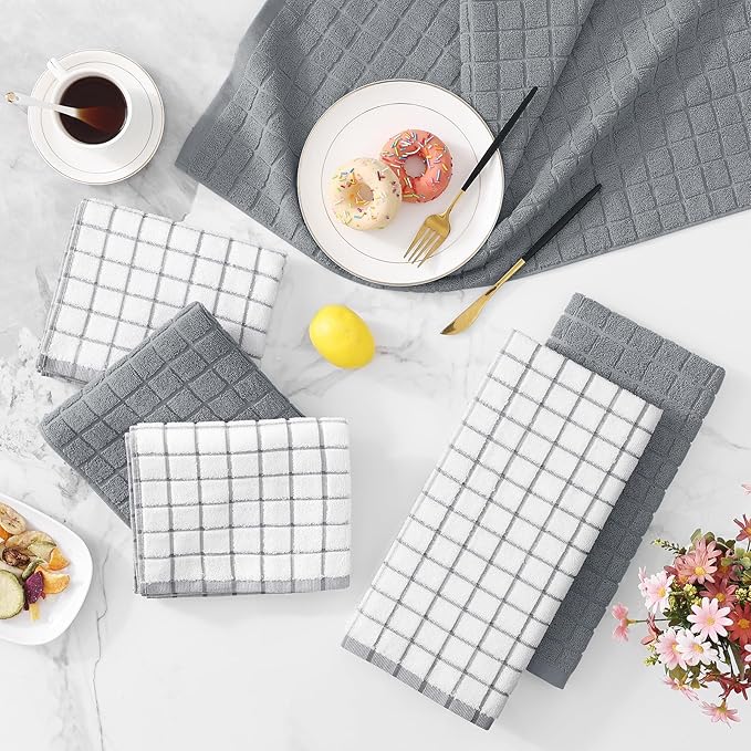Homaxy Premium Cotton Kitchen Towels 16"x 28", Large Natural Ring Spun 390 GSM Dish Towels, Super Absorbent Terry Kitchen Hand Towels, Soft Tea Towels with Hanging Loop, Grey Check Design, 4 Pack