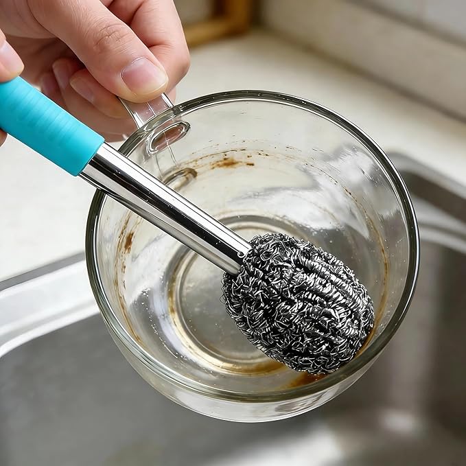 2PCS Steel Wool Scrubber with Handle Rustproof, Cast Iron Scrubber, Stubborn Messes Pot Brush, Remove Dirt for Cleaning Stoves,Sinks Dishes Grills Bowls & Metal Wire Sponge for Kitchens,Bathroom