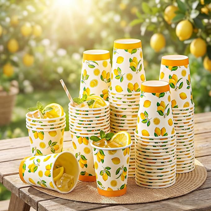Umigy 100 Pcs Lemonade Paper Cups Disposable Lemonade Stand Cups Bathroom Mouthwash Drinking Disposable Mugs for Summer Party Picnics Barbecues Traveling Hot Cold Beverage Water Juice (12 oz)