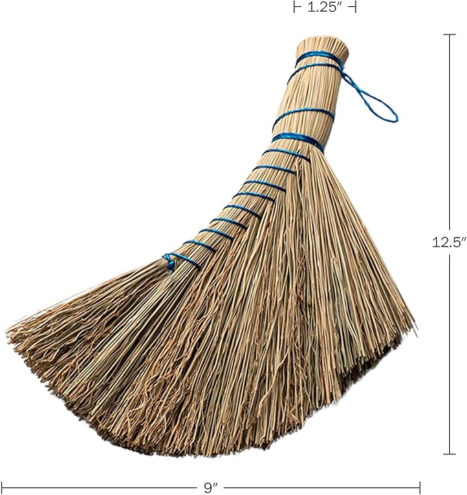 Set of 2 Natural Straw Whisk Brooms - 12.5 Inch Small Hand Broom Set with Ergonomic Shape for Multi-Surface Cleaning - Stiff Bristle Brushes for Indoor and Outdoor Use by Kings County Tools