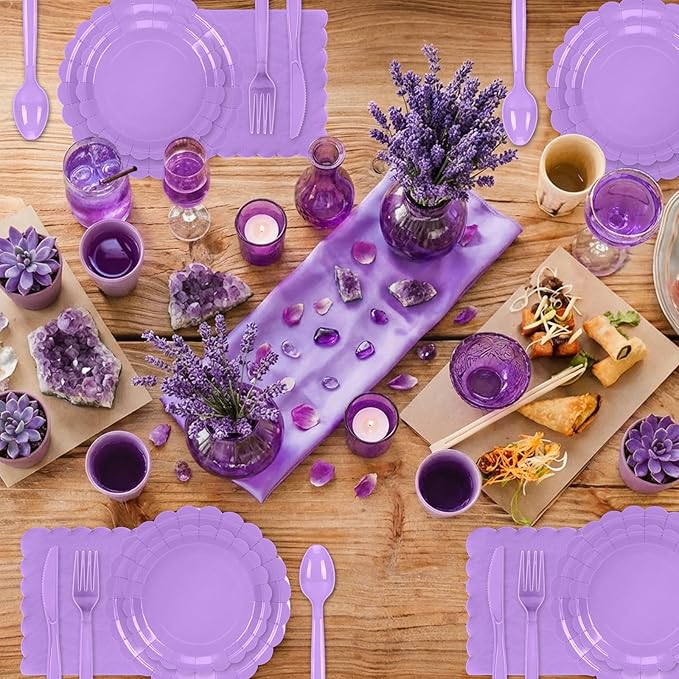 168 Pcs Light Purple Plates and Napkins Set, Purple Party Supplies Include Scalloped Plate Napkins Cups Forks Knives Disposable Plastic Cutlery for Baby Shower, Wedding, Birthday