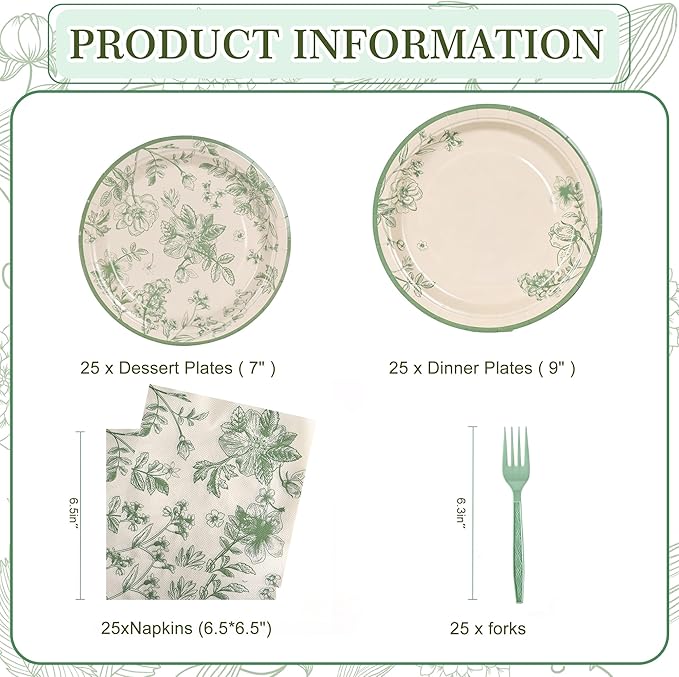 100 Pcs Sage Green Floral Party Supplies for 25 Guests, Heavy-Duty 7" & 9" Paper Plates, 2-Ply 13" Napkins & Plastic Forks, Disposable Tableware Set for Bridal Baby Shower and Tea Party