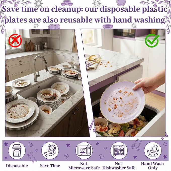 DaYammi 150Pcs Purple Plastic Plates with Gold Rim,Disposable Plastic Plates Include 30 Dinner Plate,30 Salad Plate,30 Forks,30 Spoons,30 Knive,Purple Disposable Platos for Party Wedding Bridal Shower