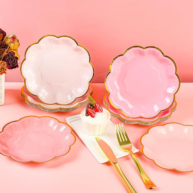 AimFun 24 Pcs Pink Party Plates Mothers Day Gradient Pink Dessert Paper Plates 7inch Gold Foil Scalloped Edge Disposable Cake Plates for Christmas Birthday Bridal Baby Shower Party Supplies