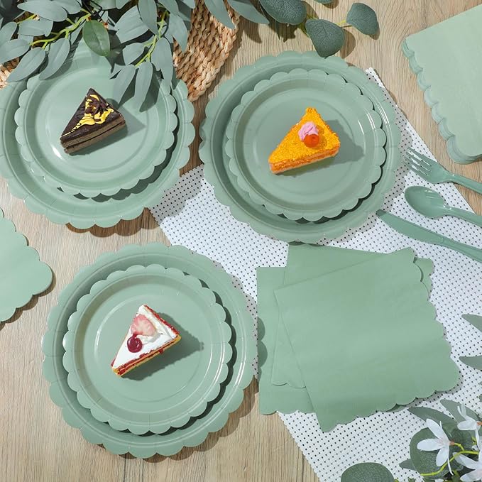 Ziliny 350 Pcs Sage Green Plates and Napkins, 50 Guest Graduation Party Supplies Include Scalloped Paper Plates Napkins Cups Plastic Spoons Forks Knives Disposable Tableware Set for Baby Shower