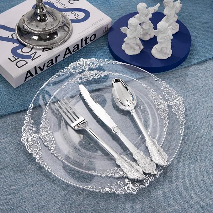 FLOWERCAT 175PCS Clear Silver Plastic Plates -Include 50 Plates, 25 Cups, 25 Forks, 25 Knives, 25 Spoons, 25Napkins for Wedding & Party&New Year
