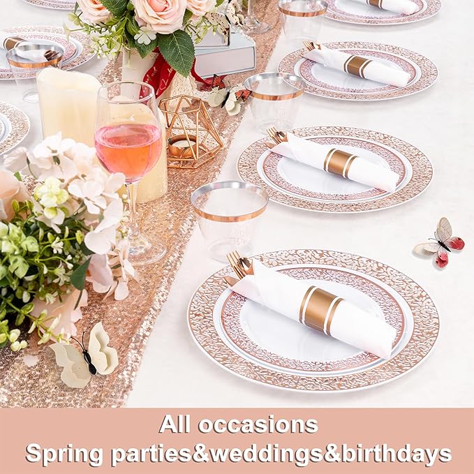 WELLIFE 350 PCS Rose Gold Disposable Dinnerware Set for 50 Guests, Disposable Rose Gold Lace Plates, Include:50 Dinner Plate, 50 Dessert Plates, 50 Pre Rolled Napkins with Silverware and 50 Cups