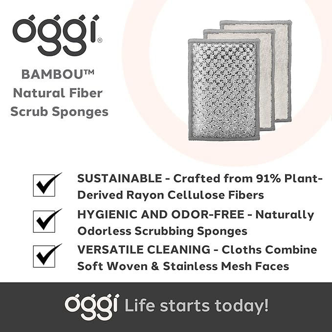OGGI Bambou Odor-Free Scrubbing Sponges - Natural Scrub Sponges for Dishes, 91% Bamboo-Derived Rayon Cellulose Fiber, Reusable, Absorbent, Durable Scrubbers, Non-Scratch, Washable - 3 pcs, 7x4