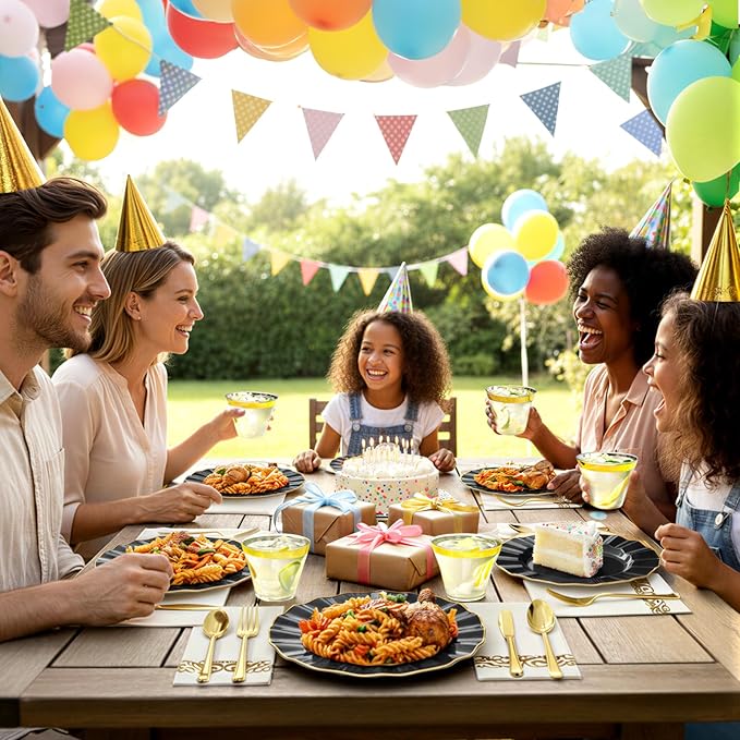 175 Plastic Dinnerware Set Party Supplies Disposable Dinnerware for 25 Guests Include 50 Plastic Plates,25 Silverware Set 25 Cups 25 Napkins Plastic Plates for Graduation Party Wedding(Black and Gold)