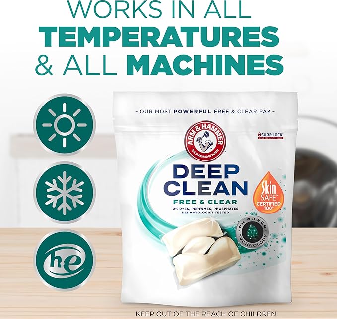 ARM & HAMMER Deep Clean Free & Clear Laundry Detergent Power Paks, Free of Dyes and Perfumes, Dermatologist Tested, 32 Count
