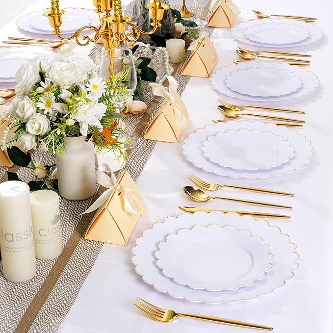LIYH 60 Pcs Gold White Plastic Plates Scalloped Disposable Combo Includes 30 Dessert & 30 Dinner Plates for Monthers Day Birthday Wedding Party