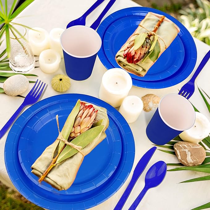 228PCS Blue Party Supplies Set Include Paper Plates Cups Blue Napkins Plastic Spoons Forks Knives for 30 Guests Disposable Party Dinnerware for Birthday Wedding Family Picnic