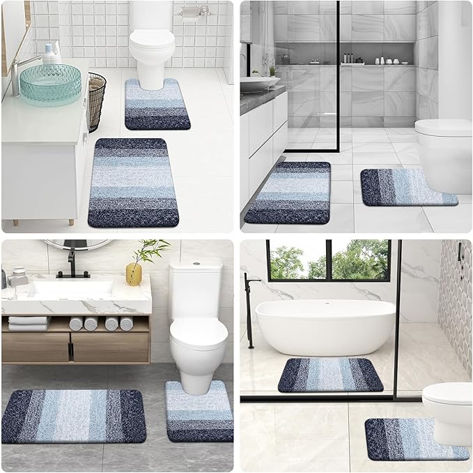 OLANLY Bathroom Rugs Sets 3 Piece, Soft Absorbent Microfiber Bath Mats and U-Shaped Contour Toilet Rug, Plush Shaggy Bath Mat Set for Bathroom (36"x24"+24"x16"+24"x20", Dark Blue)