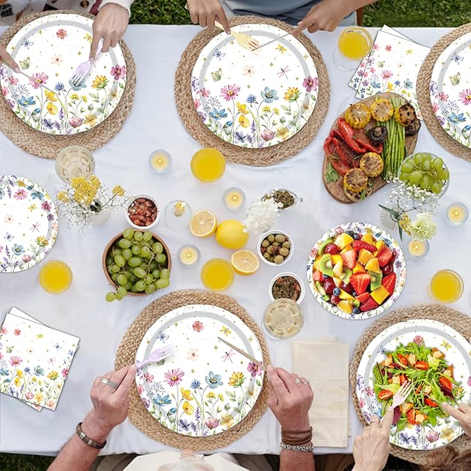 96 Pieces Wildflower Plates and Napkins, Spring Floral Flower Disposable Tableware with Paper Plates Napkins Forks for Wildflower Party Supplies, Birthday Baby Shower Tea Party Decorations, Serves 24