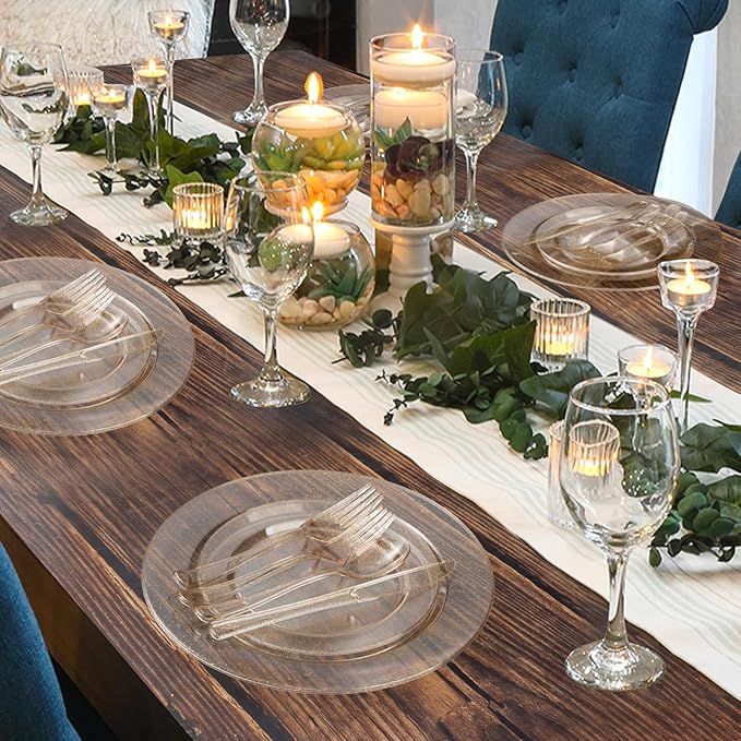 Goodluck 200PCS Gold Glitter Plastic Plates, Heavy Duty Disposable Gold Glitter Plates with 100 10.25 inch Dinner Plates, 100 7.5 inch Dessert Plates, Disposable Plates for Party, Wedding