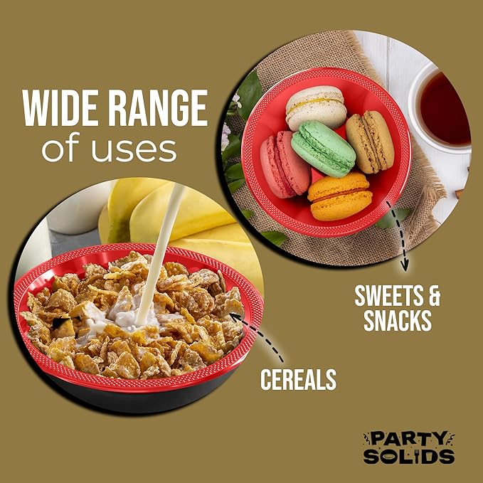 Party Solids 12 Oz Red Plastic Bowls Disposable Bowls for Hot Food Soup 50 Pcs - For Soup, Salad, Cereal, Desserts & Party Supplies