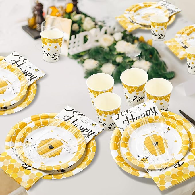 FillTouch 350 Pcs Bee Party Tableware for 50 Guests Baby Shower Bee Paper Plates Disposable Napkins Cups Plastic Knives Fork Spoon for Birthday Wedding