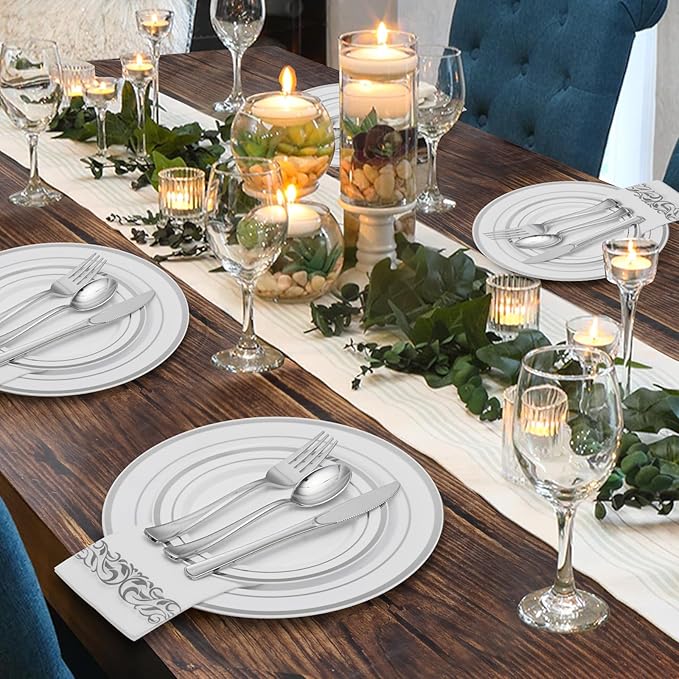 Goodluck 700 Pieces Silver Dinnerware Set for 100 Guests, Disposable Plastic Plates for Party, Include: 100 Dinner Plates, 100 Dessert Plates, 100 Paper Napkins, 100 Cups, 100 Silverware set