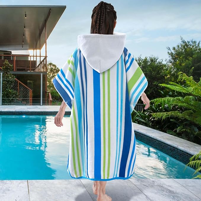 VOOVA & MOVAS Hooded Poncho Towel for Teens Unisex 100% Cotton Vacation Ready Bold Beach Pool Swim Cover Up Blue Green Stripe