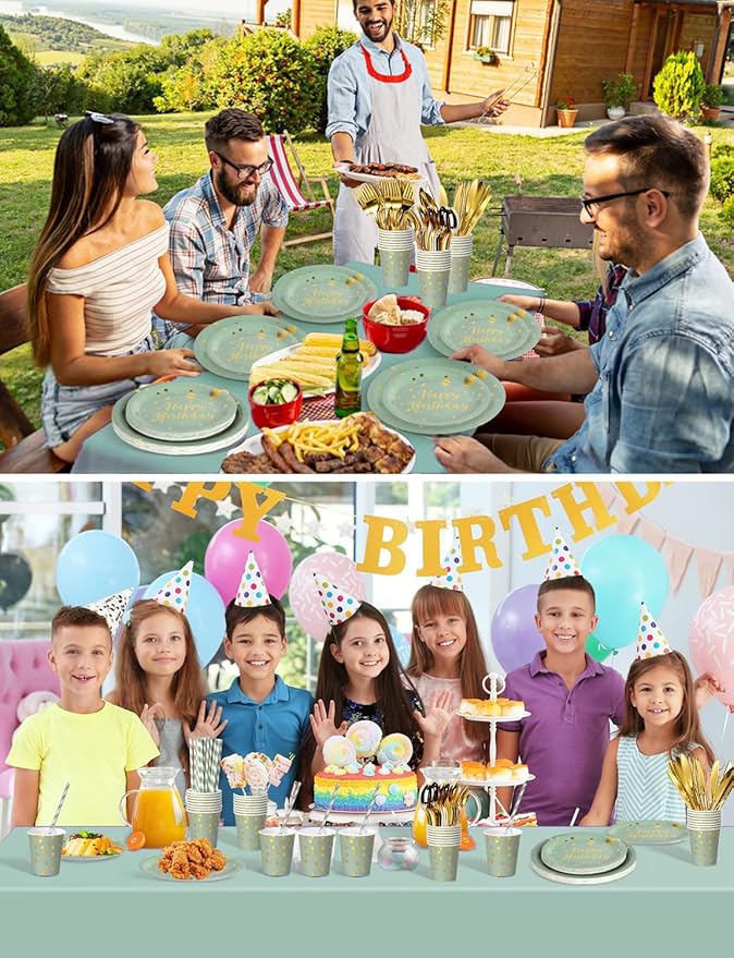 Nkaiso Birthday Party Tableware Set, 161 Pieces Sage Green and Gold Disposable Plates Napkins Cups & Cutlery, Serves 20 for Adult Birthday, Baby Shower, Wedding