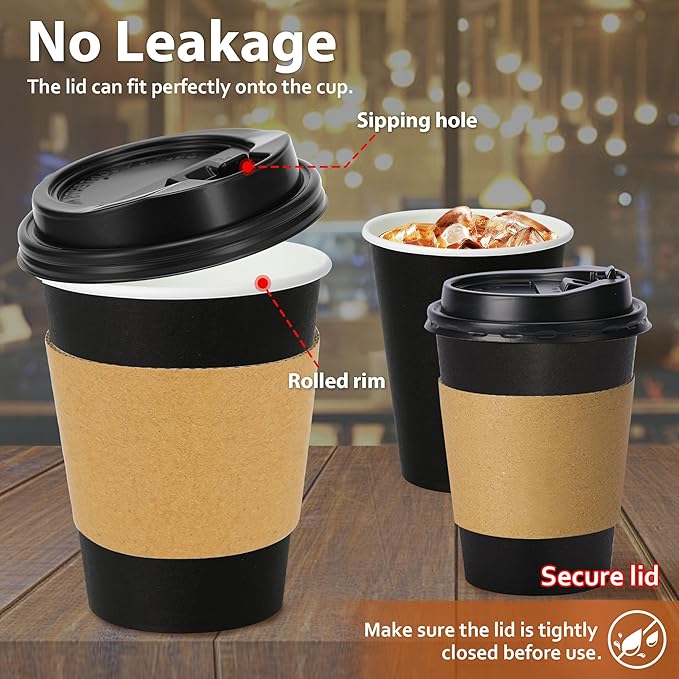 Clawsoff 500 Pack 12 oz Disposable Paper Coffee Cups with Lids and Sleeves, Leak-free Disposable Insulated Paper Cups for To Go Hot or Cold Beverages(Black)