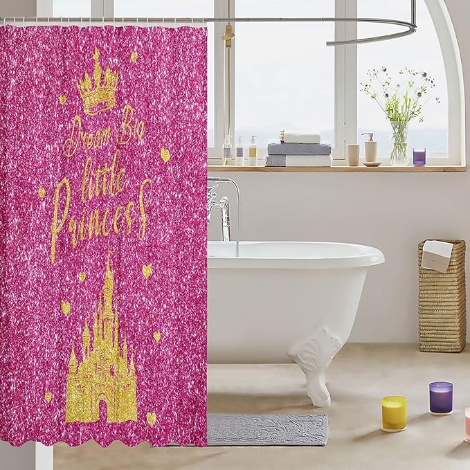 jejeloiu Dreamy Princess Shower Curtain for Kids 72"x84" Hot Pink Glitter (No Glitter) Bathroom Shower Liner Room Decor Bath Curtain Castle Waterproof Soft Lightweight Polyester