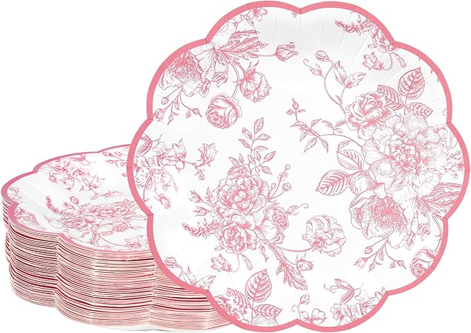 24 Pcs Pink Floral Party Plates Vintage Floral Leaf Disposable Paper Plates Wildflower Pink Toile 7" Small Scalloped Rim Dessert Plates for Valentines Birthday Bridal Tea Party Supplies