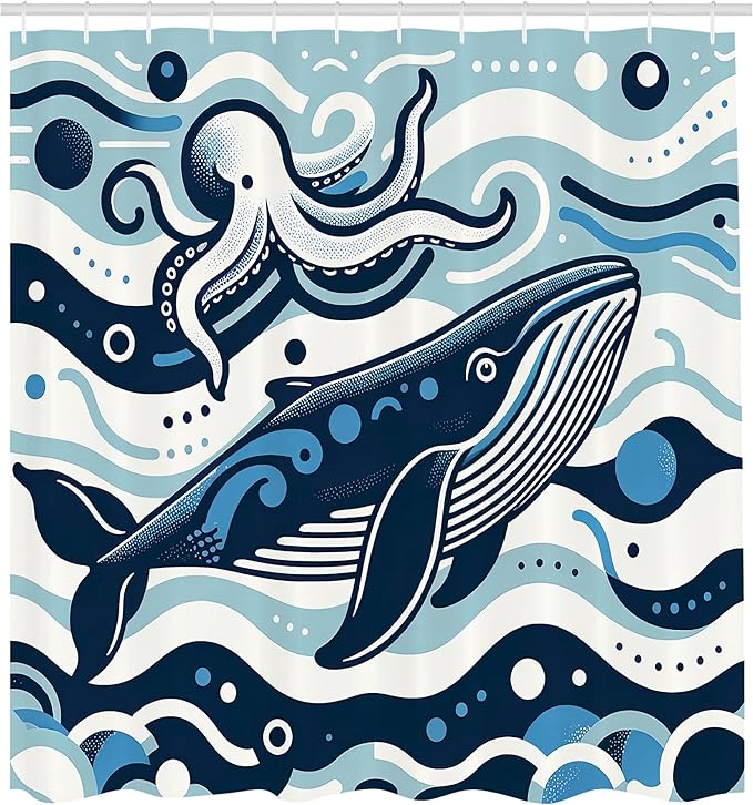 Ambesonne Nautical Shower Curtain, Simple Cartoon Illustration of Funny Ocean Waves Whale and Octopus Characters, Cloth Fabric Bathroom Decor Set with Hooks, 69" W x 84" L, Sea Blue White