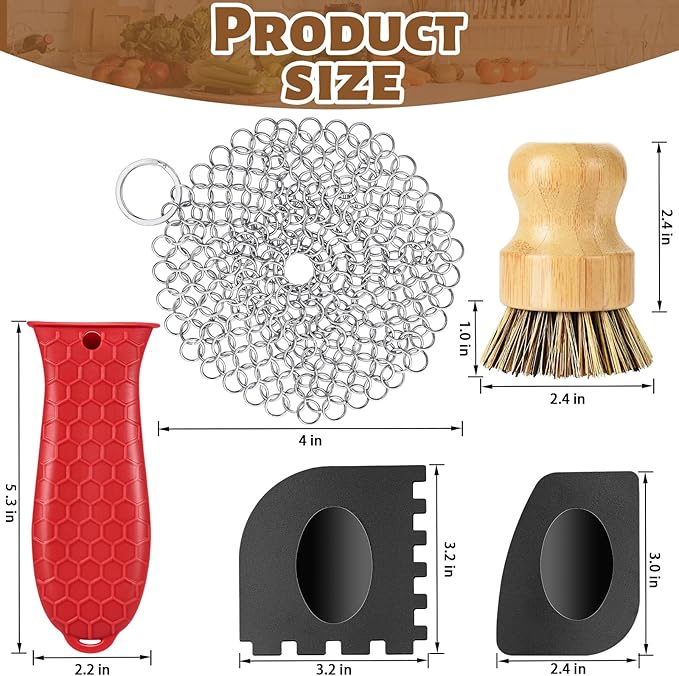 Cast Iron Scrubber, Kitchen Cleaning Set Including Honeycomb Non-Slip Silicone Pot Handle Holder, 2 Pan Grill Griddle Scrapers, Bamboo Handle Brush, 316 Stainless Steel Chainmail for Easy Clean