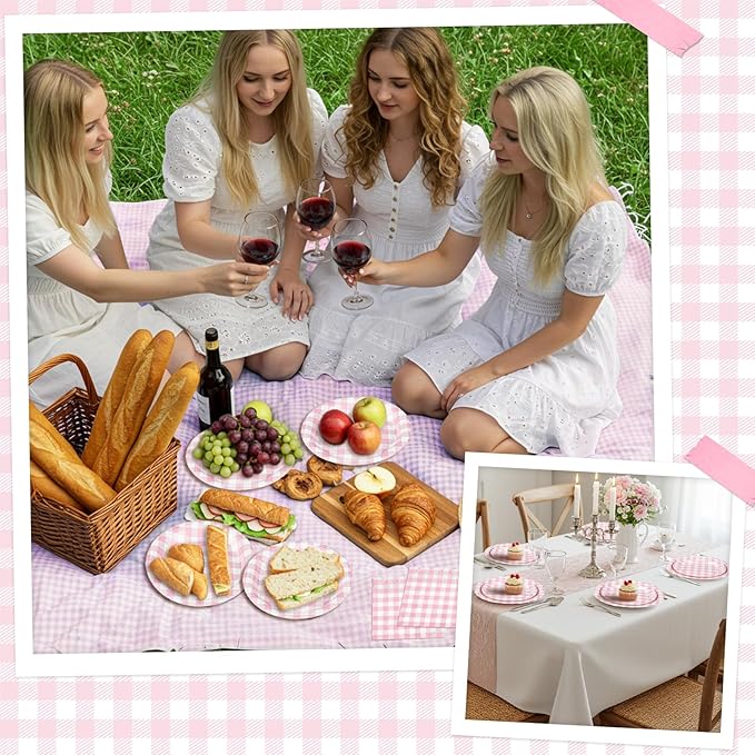 NatNarr 175 Pcs Pink Gingham Party Supplies Include Pink Gingham Plates and Napkins Cups Disposable Checkered Dinnerware Set for Picnic, Baby Bridal Shower, Wedding Decorations