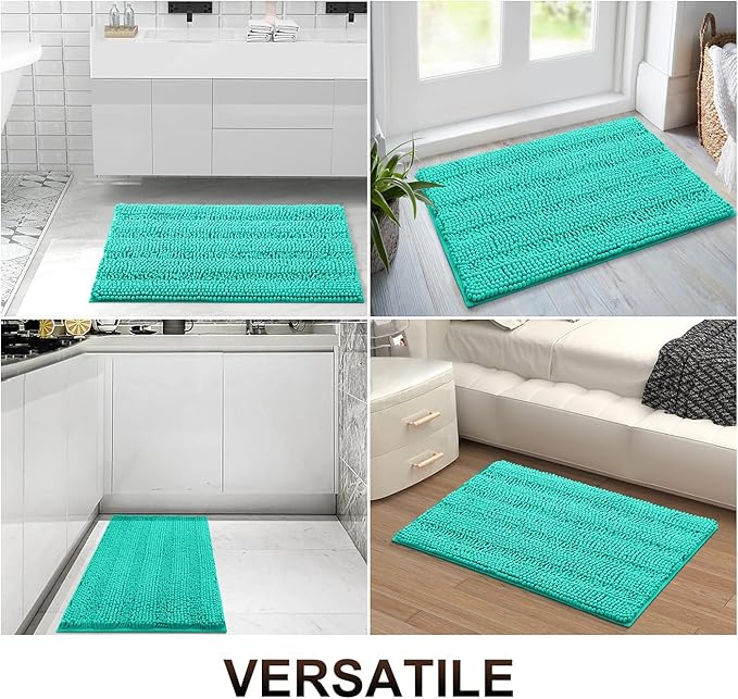 Grandaily Chenille Striped Bathroom Rugs 47x32, Extra Thick and Absorbent Bath Mats, Non-Slip Soft Plush Shaggy Shower Carpet, Machine Wash Dry, Bath Rug for Bathroom, Teal