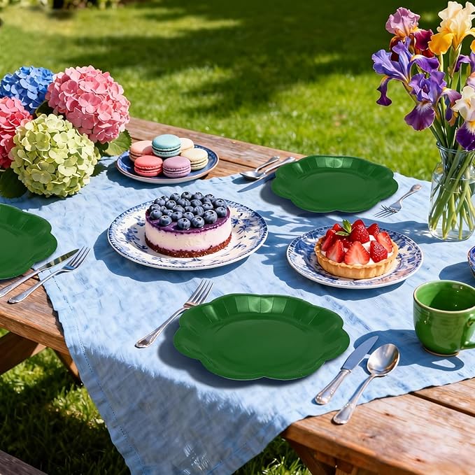 Green Plates Party Supplies,9 inch Green Paper Plates Disposable Scalloped for Birthday Cake Plate Baby Shower Dinner Wedding Dessert Party