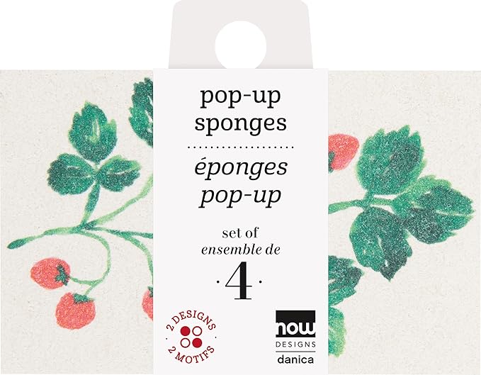 Now Designs Berry Bramble Pop Up Sponges Set of 4, Eco-Friendly Cellulose, Compostable & Biodegradable, 2.75 x 4.25in